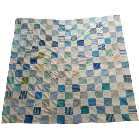 1970s Handmade Patchwork Quilt Blue White 82x85 Vintage Blue White - Picture 1 of 9
